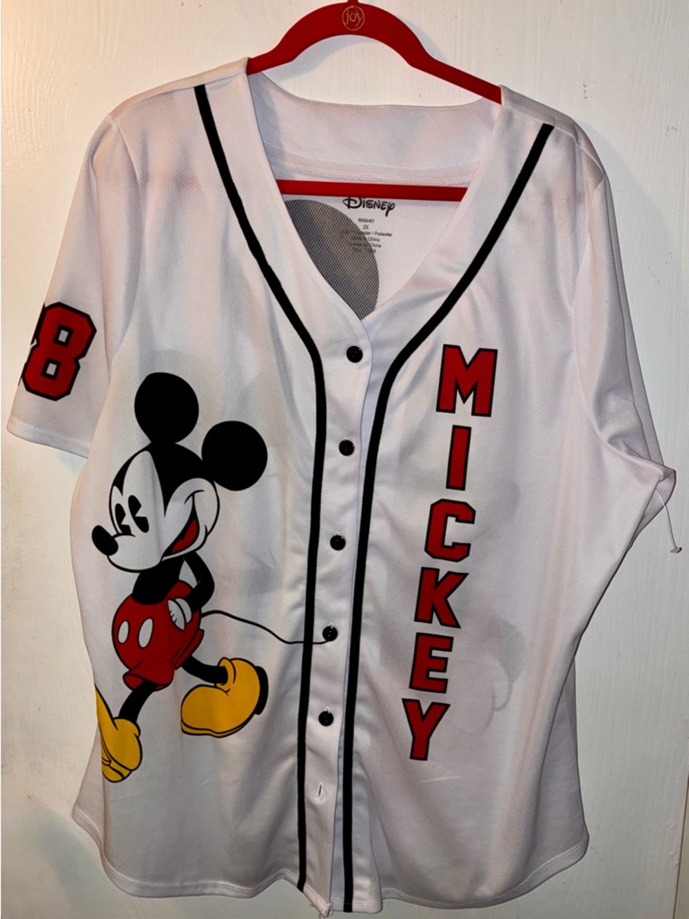 Disney White Baseball Jersey with Mickey Graphic and Red Lettering